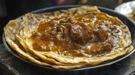 A close-up of freshly made parotta bread served with spicy beef curry, from a street vendor in Kerala, India.の素材