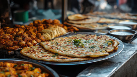 Close-up of parathas stuffed with spiced potatoes and served with pickles and yogurt from a street food vendor in India.の素材