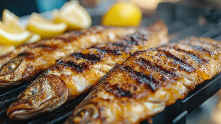 A close-up of grilled snoek fish with apricot glaze, served with lemon wedges from a street vendor, showcasing its perfectly charred skin and flaky meat.の素材