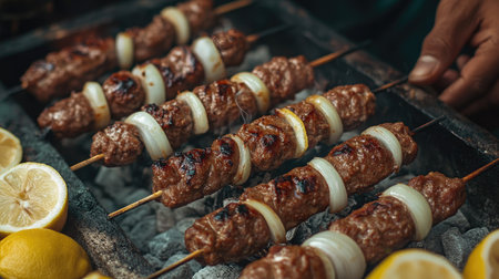 Close-up of juicy kebabs grilled to perfection over hot coals, served with lemon and onion from a street vendor in India.の素材
