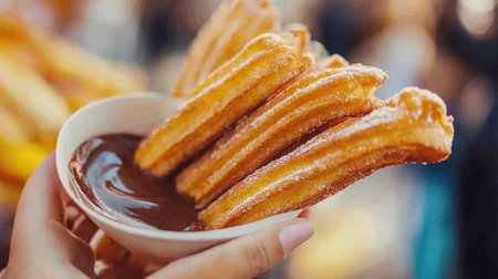 Close-up of a street food churro (churrosk) served with warm chocolate dipping sauce from a Swedish vendor, emphasizing its golden, crunchy texture.の素材