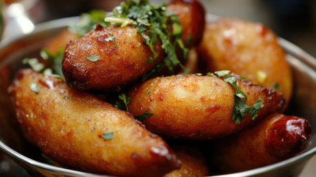 Close-up of freshly fried mirchi bajji (chili fritters), served hot with tamarind chutney at a bustling street market in India.の素材