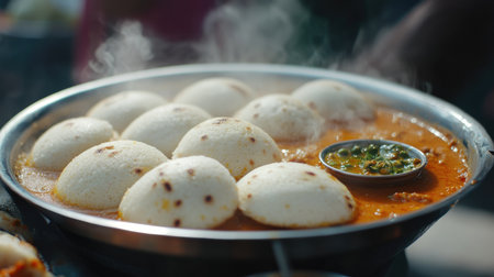 A close-up of steaming hot idlis served with coconut chutney and sambar, fresh from an Indian street food vendor.の素材