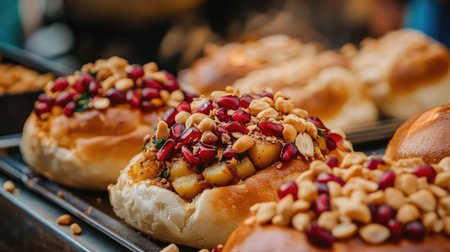 Close-up of dabeli, a spicy potato-filled bun garnished with pomegranate seeds and peanuts, fresh from a street food vendor.の素材