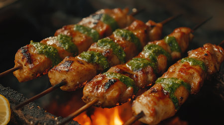 Close-up of spicy chicken tikka grilled over hot coals, served with green chutney and lemon at a street market in India.の素材