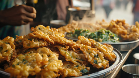 Close-up of crispy pakoras (fritters) made from onions, spinach, and potatoes, served hot with chutney at an Indian street stall.の素材