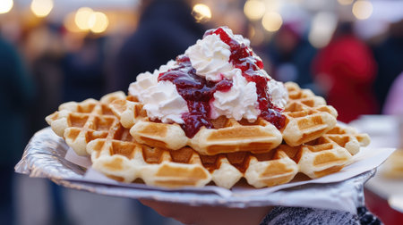 Close-up of crispy Swedish waffles with jam and whipped cream served on a paper plate at a street food market, showcasing rich textures and colors.の素材