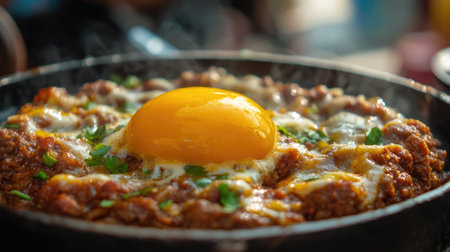 Close-up of bobotie, a sweet and savory minced meat dish with a golden egg topping, served from a street food vendor, emphasizing its rich spices.の素材
