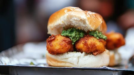 A close-up of vada pav, a spicy potato fritter sandwich in a soft bun, served with green chutney from a street vendor in Mumbai.の素材