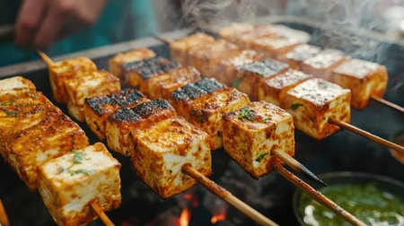 Close-up of spicy paneer tikka skewers grilled over charcoal, served fresh with mint chutney from an Indian street vendor.の素材