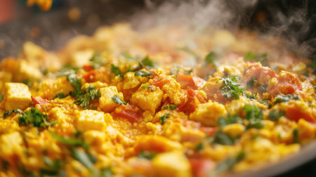 Close-up of freshly made paneer bhurji, scrambled paneer with spices and herbs, served hot from an Indian street vendor.の素材