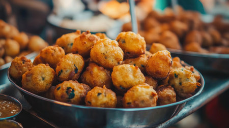 Close-up of freshly fried medu vada, crispy on the outside and soft on the inside, served with coconut chutney from a street food stall.の素材