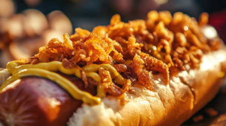 Close-up of a hotdog topped with fried onions and mustard, served from a Swedish street food stall, emphasizing its crisp and savory appeal.の素材