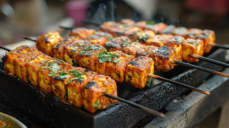 Close-up of spicy paneer tikka skewers grilled over charcoal, served fresh with mint chutney from an Indian street vendor.の素材