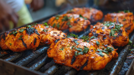 Close-up of grilled tandoori chicken, marinated in yogurt and spices, fresh from a street-side tandoor in India.の素材