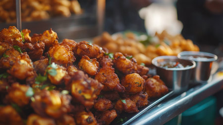 Close-up of spicy paneer pakoras, crispy fritters stuffed with paneer and served with chutney from an Indian street vendor.の素材