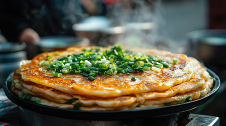 Close-up of savory Chinese pancakes (cong you bing) with scallions, served fresh from a street vendor, showcasing the golden-brown layers.の素材