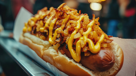 Close-up of a hotdog topped with fried onions and mustard, served from a Swedish street food stall, emphasizing its crisp and savory appeal.の素材
