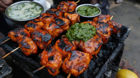 Close-up of spicy chicken tikka grilled over hot coals, served with green chutney and lemon at a street market in India.の素材