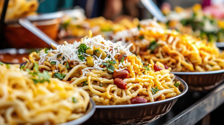 Close-up of spicy chaats, topped with yogurt, sev, and chutney, served fresh from a street vendor in India.の素材