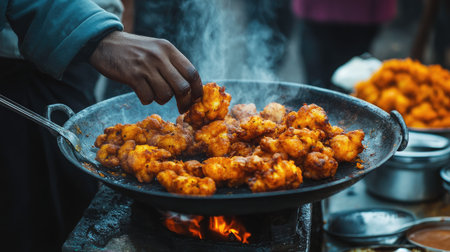 Close-up of spicy paneer pakoras, crispy fritters stuffed with paneer and served with chutney from an Indian street vendor.の素材