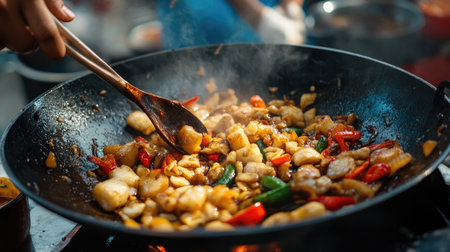 Close-up of fried rice cakes (nian gao) stir-fried with vegetables and soy sauce, served from a Chinese street food vendor.の素材