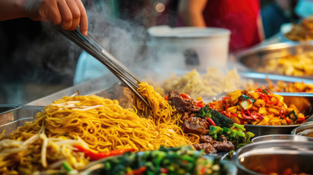 Close-up of stir-fried noodles (chow mein) with vegetables and beef, served hot from a Chinese street vendor, showcasing its vibrant colors and textures.の素材