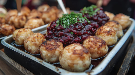 Close-up of Swedish potato dumplings (kroppkakor) filled with pork and served with lingonberry sauce at a street food market.の素材