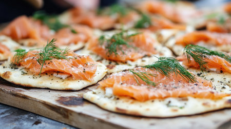 Close-up of Swedish street-style flatbread pizza (pizza bianco) topped with smoked salmon and dill, served from a vendor.の素材