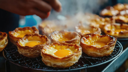 A close-up shot of Chinese-style egg tarts (dan tat) with a golden crust and creamy filling, fresh from a street food stall.の素材