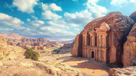 Wide-angle shot of Petras sacrificial altar, set atop a mountain, with panoramic views of the ancient city and surrounding desert. No people included.の素材