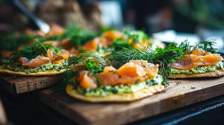 Close-up of crispbread topped with gravlax, mustard-dill sauce, and greens, served from a Swedish street food stall.の素材