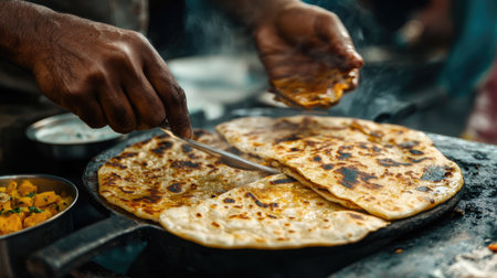Close-up of parathas stuffed with spiced potatoes and served with pickles and yogurt from a street food vendor in India.の素材