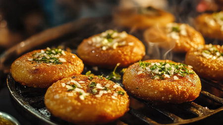 Close-up of spicy kachoris stuffed with lentils and served with tamarind chutney, freshly fried from an Indian street vendor.の素材