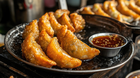 Close-up of crispy fried dumplings (guotie) with a golden-brown crust, served with dipping sauce at a Chinese street stall.の素材
