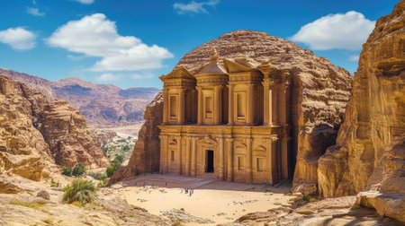 Petra Monastery, set high above the valley, with steep paths leading up to its massive stone facade. No people included.の素材