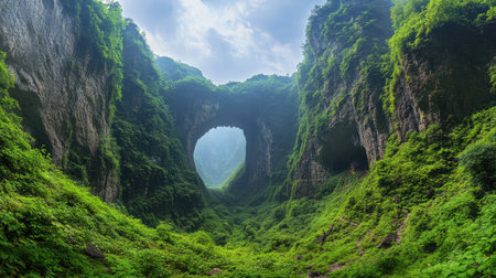 Wide-angle shot of Three Natural Bridges in Wulong, with vibrant green foliage covering the valley and dramatic stone formations. No people included.の素材