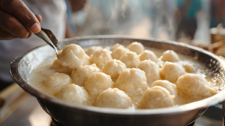 A close-up of freshly made ras malai, creamy cheese balls soaked in cardamom-flavored milk, served at an Indian street food stall.の素材