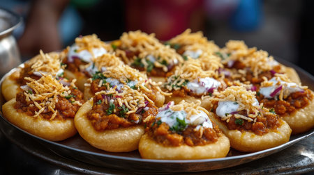 A close-up of spicy sev puri, topped with tangy tamarind chutney, yogurt, and crunchy sev from an Indian street vendor.の素材
