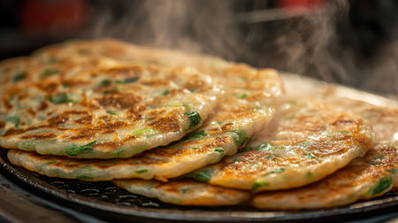 Close-up of fried Chinese scallion pancakes (laobing), served hot from a street food vendor, showcasing its golden, flaky layers.の素材