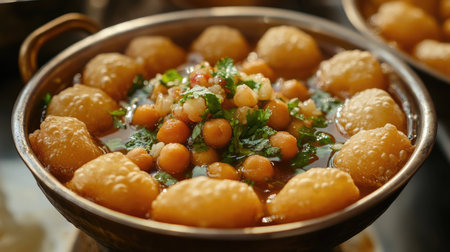 A close-up of crunchy pani puri, filled with tangy water, potatoes, and chickpeas, ready to be eaten at an Indian street stall.の素材