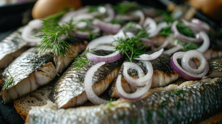 A close-up of Swedish herring (sill) served on rye bread with dill and onions from a street food vendor, capturing its fresh and appetizing appearance.の素材