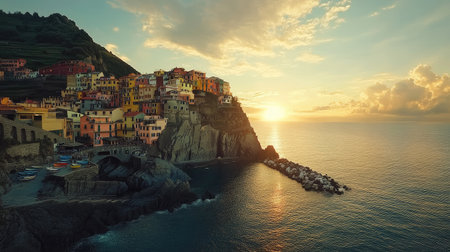 Sunset over the cliffs of Manarola, Cinque Terre, with the village's colorful homes illuminated in golden light and the sea below. No people included.の素材