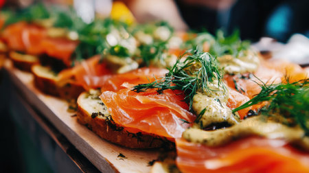 Close-up of crispbread topped with gravlax, mustard-dill sauce, and greens, served from a Swedish street food stall.の素材