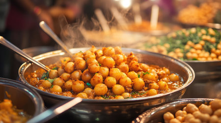 A close-up of golgappas filled with tamarind water, spicy potatoes, and chickpeas, served at a busy Indian street market.の素材