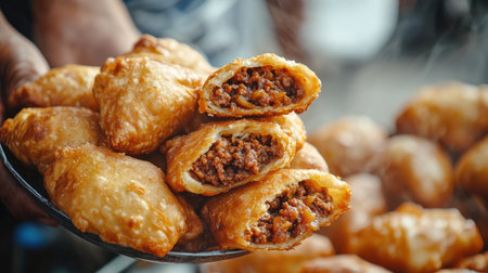 Close-up of fried vetkoek stuffed with minced beef and chutney, served hot from a South African street vendor, emphasizing its crispy exterior and soft filling.の素材