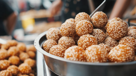 A close-up shot of deep-fried sesame balls (jian dui) filled with sweet red bean paste, fresh from a Chinese street food vendor, emphasizing their crisp texture.の素材