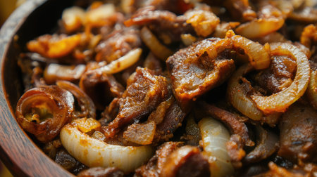 Close-up of tripe (mogodu) cooked with onions and spices, served with a side of pap from a street food vendor, emphasizing its rich texture.の素材
