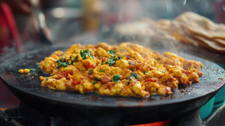 Close-up of spicy anda bhurji (scrambled eggs) cooked on a flat griddle and served with pav, fresh from an Indian street vendor.の素材