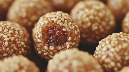 A close-up shot of deep-fried sesame balls (jian dui) filled with sweet red bean paste, fresh from a Chinese street food vendor, emphasizing their crisp texture.の素材